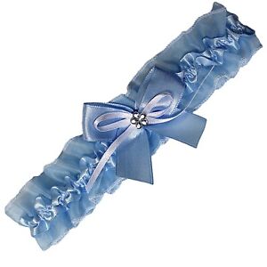 Braut Strumpfband mit Strassblümchen Schleifchen blau weiß Gr S- XXL Hochzeit 