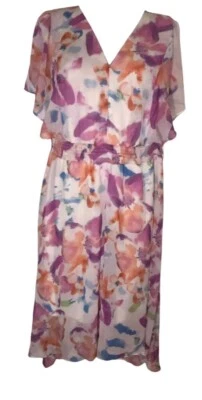 DKNY Sz 14W Women's Pink Floral Water Color Chiffon Flowy Bohemian Dress  - Image 1 of 3