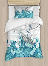 Nautical Duvet Cover Set with Pillow Shams Ship and Ocean Waves Print