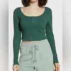 BP. Green Crop Long Sleeve Rib Henley Shirt Top Small teen Green Scoopneck S