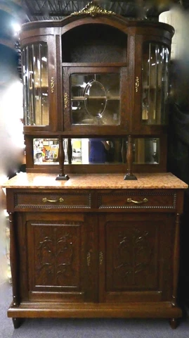 Antique Carved French Court Hunt Cupboard. Marble Top. Leaded Glass. 1870.  88"T Cover