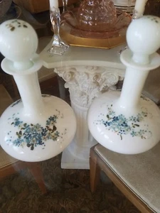 2 Hand Painted Victorian Milk Glass Bottles Decanters Perfume  - Picture 1 of 10