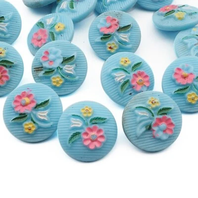Lot (17) Vintage Czech floral blue glass buttons 18mm hand painted - Image 1 of 3