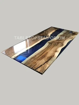 Blue Epoxy Resin River Mappa Burl Acacia Wood Dine Custom Coffee Table Home Déco - Image 1 of 4
