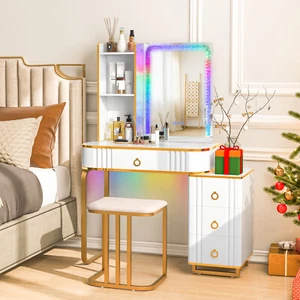 Vanity Desk Set w/ LED Lighted Mirror, Storage Cabinet, Cushioned Stool White - Picture 1 of 7