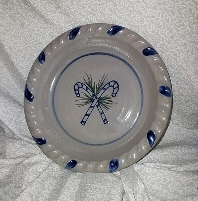 Rowe Pottery Holiday Crimped Pie Plate 10in Candy Cane Christmas Salt Glaze 2002 - Image 1 of 4