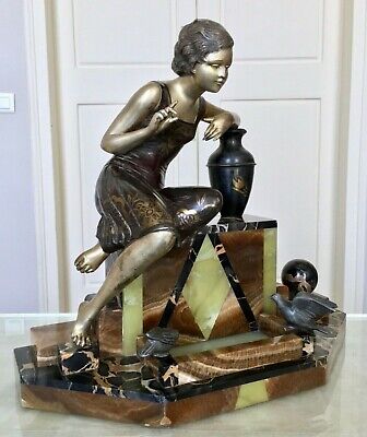 Sculpture Art Déco - Marbre Onyx Régule - Décoration 1930 - Femme Et Oiseaux  • 640€