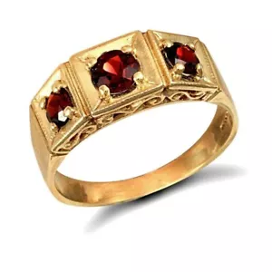 Garnet Three Stone Ring Men's Solid 9 Carat Yellow Gold Handcrafted Hallmarked - Picture 1 of 3