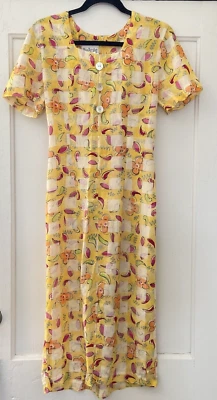 Vestido Midi Nina Piccalino Vintage Anos 90 Amarelo Gingham Floral - Tamanho 8 - Imagem 1 de 4