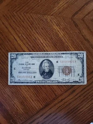 1929 $20 Brown Seal National Currency Richmond Note - Image 1 of 4
