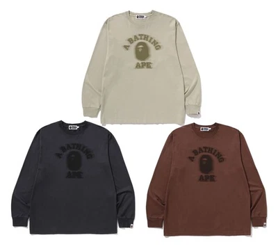 A BATHNIG APE Men's GARMENT DYE COLLEGE RELAXED FIT L/S TEE 1L80111007 b - Image 1 of 4