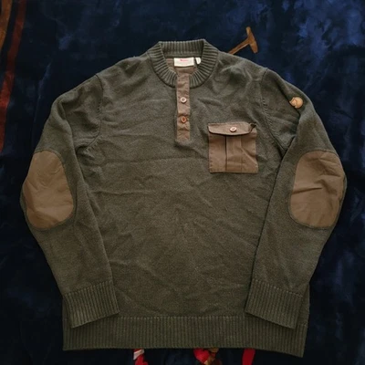 Suéter Fjallraven Para Hombres Grande Verde G-1000 Bolsillo Henley Lana Codo Parches Foto 1 de 4