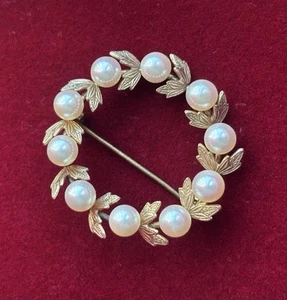 Vintage 9ct Yellow Solid Gold / Cultured Pearls pin Brooch - Picture 1 of 4