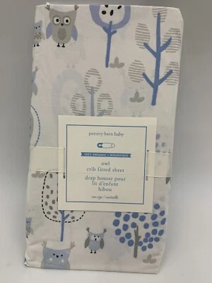 Pottery Barn Baby Hoot Owl Crib Fitted Sheet White Blue Gray One Size #H546 - Image 1 of 3