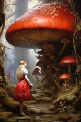 ALICE AND GIANT MUSHROOMS ART PRINT, Cottagecore Wall Decor, Fairytale Poster
