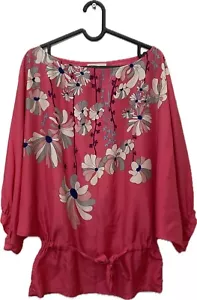 Rutzou pink batwing blouse Tunic long sleeve satin floral drawstring size 8 36 - Picture 1 of 13