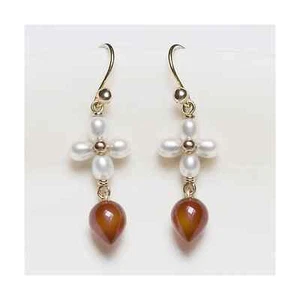 Pendientes de diseño de cornalina margarita perlas de oro amarillo sólido de 18k 14k - Imagen 1 de 13