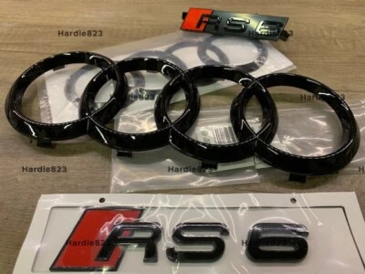 Audi RS6 C7 C7.5 Gloss Black Badge Set Front Rear Rings Grille Badge Boot Emblem - Image 1 of 2