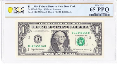 999 $1 FRN New York Fr.1924-B PCGS 65 PPQ Fancy Serial B12345666B Ladder - Image 1 of 2