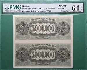 1944 GREECE 5,000,000 DRACHMAI P# 128p "PROOF" UNCUT PAIR PMG 64 EPQ CHOICE UNC  - Picture 1 of 2
