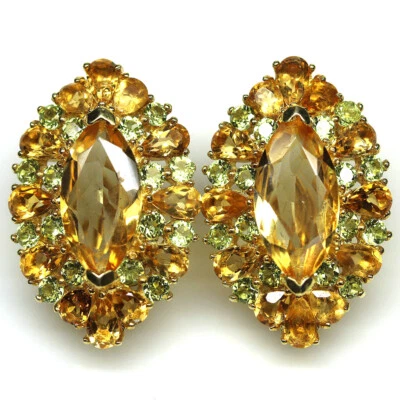 Edelstein 8 X 16 Mm. Gelber Citrin & Grüner Peridot Ohrringe 925 Silber 18K Gold - Bild 1 von 4
