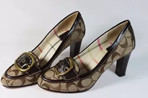 COACH Monogram Logo Hillory Heels Jacquard w/Buckle Shoes Khaki/Brown Size 8 - Picture 1 of 10