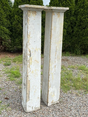 Pair Antique Square Columns w/ Top Caps, 63”H & Hollow, Shabby Worn, Distressed Cover