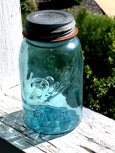 ANTIQUE RARE BLUE 1900s EMBOSSED BALL MASON JAR STAMPED WITH #37 & X STAMP (19C) - Picture 1 of 14