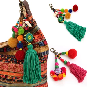Boho Colorful Pompom Tassel Beaded Keyring Keychain Charms Handbag Pendant Gift - Picture 1 of 16