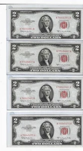 4 1953C $2 Red Seal Bills Non Sequential order Appears Uncirculated - Picture 1 of 2