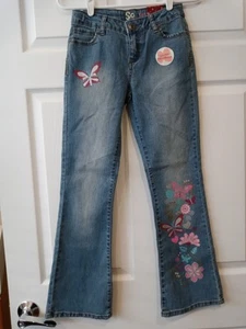 Girls Blue Jeans by So Flowers Foiled Butterflies Adj Waist Boot Cut Sz 12 - Picture 1 of 9