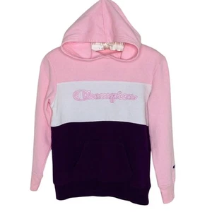 Girls M 8 Champion Pink White Purple Long Sleeve Hoodie Pullover Sweatshirt - Picture 1 of 4