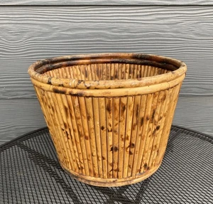 Vintage Gebrannte Schildkröte Tiger Bambus Rund Korb Pflanzgefäß Echtholz 12" Durchmesser - Bild 1 von 10