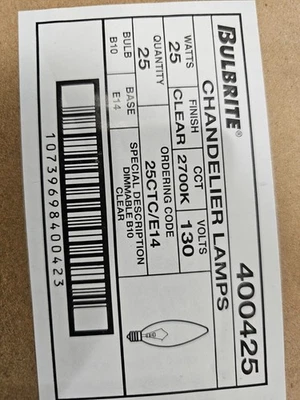 Bulbrite 25-Watt Warm White Light B10 (E14) European Screw Base 25PK - Image 1 of 4