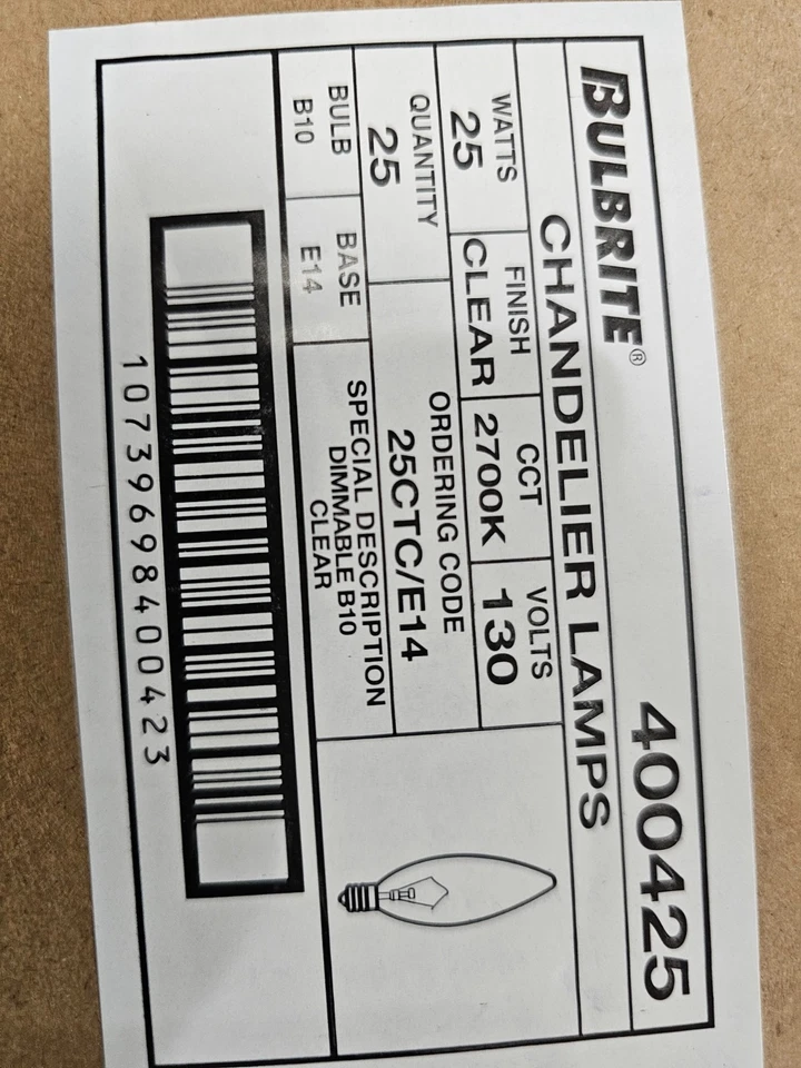 Bulbrite 25-Watt Warm White Light B10 (E14) European Screw Base 25PK - Image 1 of 4