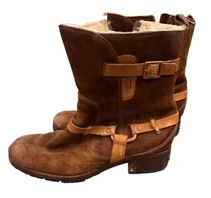 UGG Womens US 11 Endell Brown Suede Lug Sole Buckle Moto Biker Harness Boot 5604 - Picture 1 of 12