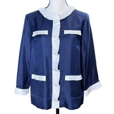 J.Crew Collection Women’s Silk Blouse Navy Blue White Ruffle Button Up Top XS - Image 1 of 4