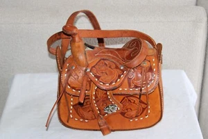 Vintage 70s Tooled Leather Horse Saddle Shoulder Bag Western Purse Brown - Picture 1 of 24