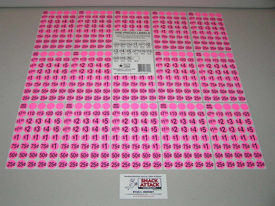 (600) SNACK & SODA VENDING MACHINE PRICE LABEL STICKERS (Pink) / Free Ship!  - Image 1 of 1