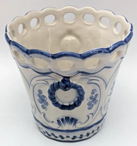 Ceramic Blue & White Planter Hand Painted Glazed Lace Rim Portugal - Picture 1 of 8