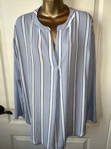 Loft Womens Top Size M poly rayon Blue White Stripe long sleeve Blouse V-Neck - Picture 1 of 7