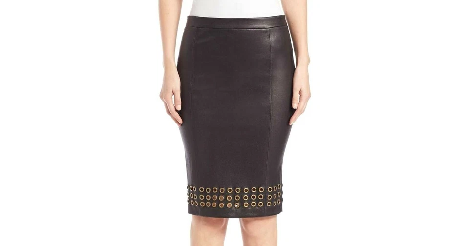 J BRAND 'WILDA' BLACK LEATHER PENCIL SKIRT WITH GROMMETS, XS, $595 - Image 1 of 4