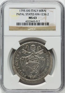 ITALY PAPAL STATES 1795 XXI 60 BAIOCCHI SILVER COIN, UNC., NGC CERTIFIED MS63 - Picture 1 of 2