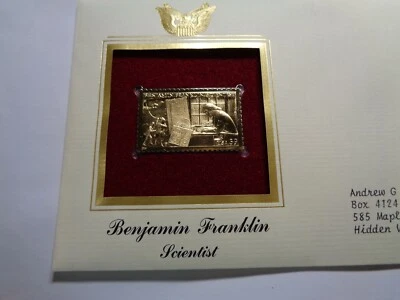 BENJAMIN FRANKLIN SCIENTIST ELECTRICITY OPTICS 1ST DAY USPS 22KT GOLD STAMP #L - Image 1 of 4