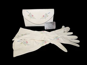 Gants Jouvin Paris Opera Embroidered Leather Clutch Mirror Gloves Vintage 1930s - Picture 1 of 23