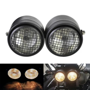 Universal Motorcycle Black Twin Headlight Double Dual Light Lamp w/ Stripe Grill - Picture 1 of 10