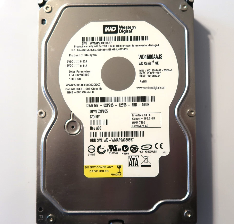 WD WD1600AAJS-75PSA0 HGRNHT2AH (WMAP) Malaysia 160gb Sata 3.5" 13NOV2007 - Image 1 of 1