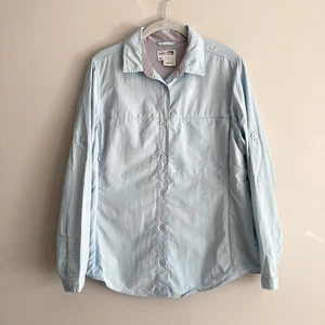 REI Co-op Sahara Button-Up Long Sleeve Shirt Womens Large Blue Roll Tab Outdoor - Picture 1 of 8