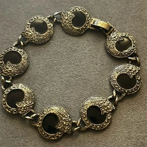 Pulsera Vintage Tono Plata Marcasita Como Círculo Eslabones Cabujones Vidrio Negro - Imagen 1 de 2