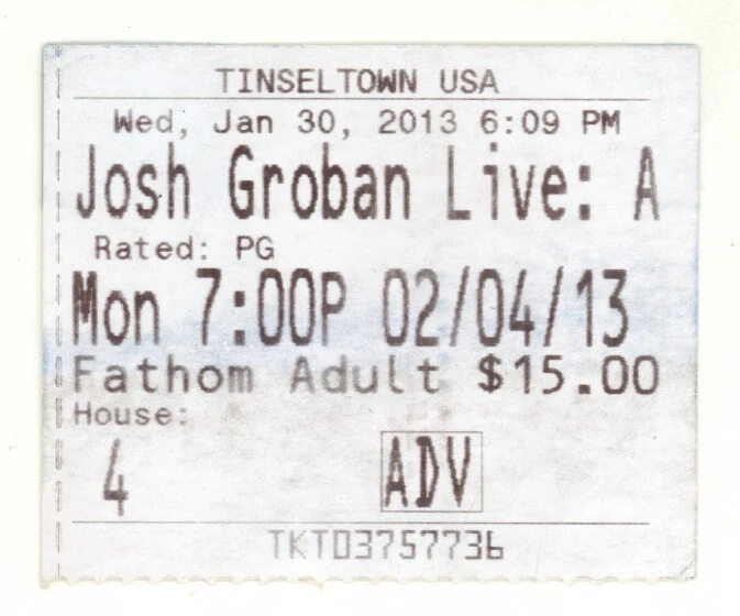 Josh Groban Live1/30/13 Tinseltown USA Concert Movie Rare Ticket Stub - Image 1 of 1
